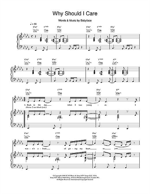 Preview Toni Braxton Why Should I Care R & B sheet music, notes and chords for Piano, Vocal & Guitar (Right-Hand Melody), SKU: 14870 sheet music, piano notes, chords, guitar tabs, score, transpose, transcribe, how to play, guide, download, learn, tutorial, progression, song, artist, awards, billboard, mtv, vh1, tour, single, album, release