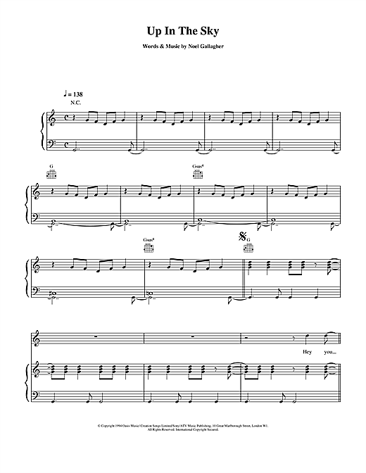 Preview Oasis Up In The Sky Pop sheet music, notes and chords for Piano, Vocal & Guitar (Right-Hand Melody), SKU: 14871 sheet music, piano notes, chords, guitar tabs, score, transpose, transcribe, how to play, guide, download, learn, tutorial, progression, song, artist, awards, billboard, mtv, vh1, tour, single, album, release