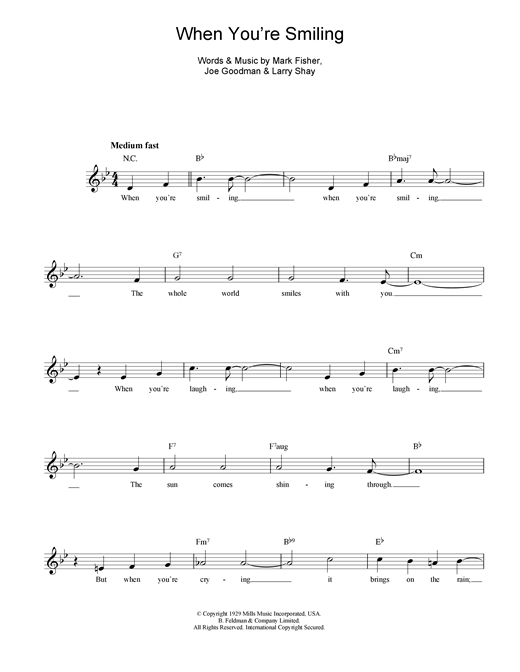 Preview Mark Fisher When You're Smiling (The Whole World Smiles With You) Pop sheet music, notes and chords for Melody Line, Lyrics & Chords, SKU: 14875 sheet music, piano notes, chords, guitar tabs, score, transpose, transcribe, how to play, guide, download, learn, tutorial, progression, song, artist, awards, billboard, mtv, vh1, tour, single, album, release
