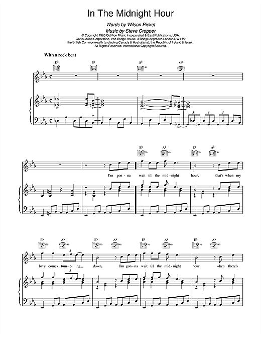 Preview Wilson Pickett In The Midnight Hour Soul sheet music, notes and chords for Piano, Vocal & Guitar (Right-Hand Melody), SKU: 14879 sheet music, piano notes, chords, guitar tabs, score, transpose, transcribe, how to play, guide, download, learn, tutorial, progression, song, artist, awards, billboard, mtv, vh1, tour, single, album, release