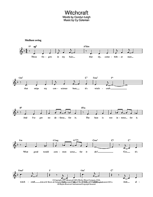 Preview Cy Coleman Witchcraft Jazz sheet music, notes and chords for Melody Line, Lyrics & Chords, SKU: 14880 sheet music, piano notes, chords, guitar tabs, score, transpose, transcribe, how to play, guide, download, learn, tutorial, progression, song, artist, awards, billboard, mtv, vh1, tour, single, album, release