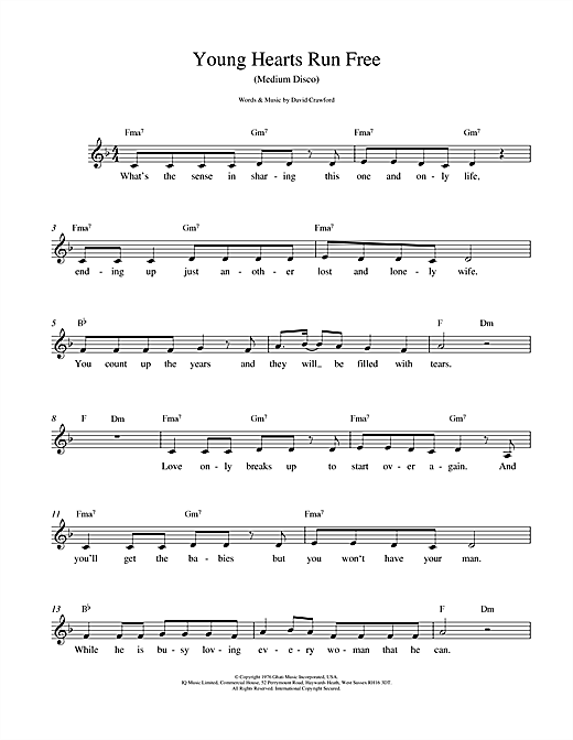 Preview David Crawford Young Hearts Run Free Disco sheet music, notes and chords for Melody Line, Lyrics & Chords, SKU: 14885 sheet music, piano notes, chords, guitar tabs, score, transpose, transcribe, how to play, guide, download, learn, tutorial, progression, song, artist, awards, billboard, mtv, vh1, tour, single, album, release