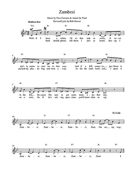 Preview Nico Carstens Zambesi Jazz sheet music, notes and chords for Melody Line, Lyrics & Chords, SKU: 14886 sheet music, piano notes, chords, guitar tabs, score, transpose, transcribe, how to play, guide, download, learn, tutorial, progression, song, artist, awards, billboard, mtv, vh1, tour, single, album, release