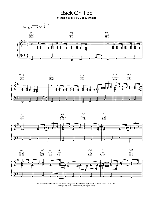 Preview Van Morrison Back On Top Pop sheet music, notes and chords for Piano, Vocal & Guitar, SKU: 14930 sheet music, piano notes, chords, guitar tabs, score, transpose, transcribe, how to play, guide, download, learn, tutorial, progression, song, artist, awards, billboard, mtv, vh1, tour, single, album, release