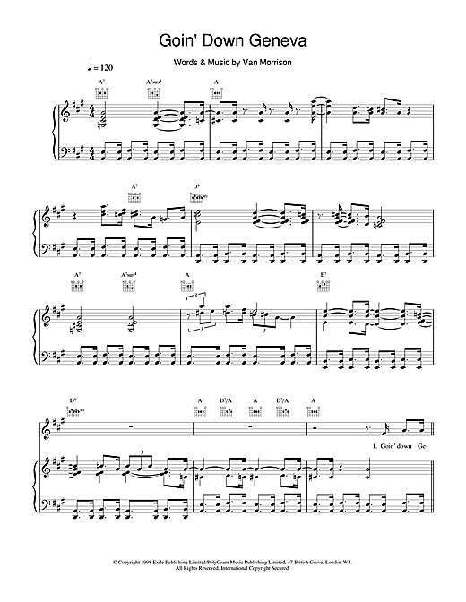 Preview Van Morrison Goin' Down Geneva Pop sheet music, notes and chords for Piano, Vocal & Guitar, SKU: 14931 sheet music, piano notes, chords, guitar tabs, score, transpose, transcribe, how to play, guide, download, learn, tutorial, progression, song, artist, awards, billboard, mtv, vh1, tour, single, album, release