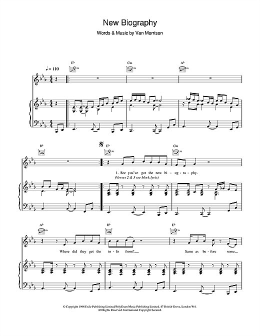 Preview Van Morrison New Biography Pop sheet music, notes and chords for Piano, Vocal & Guitar, SKU: 14935 sheet music, piano notes, chords, guitar tabs, score, transpose, transcribe, how to play, guide, download, learn, tutorial, progression, song, artist, awards, billboard, mtv, vh1, tour, single, album, release
