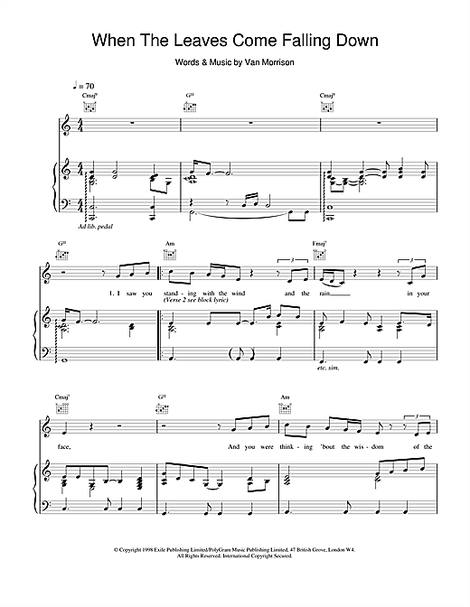 Preview Van Morrison When The Leaves Come Falling Down Pop sheet music, notes and chords for Piano, Vocal & Guitar, SKU: 14939 sheet music, piano notes, chords, guitar tabs, score, transpose, transcribe, how to play, guide, download, learn, tutorial, progression, song, artist, awards, billboard, mtv, vh1, tour, single, album, release