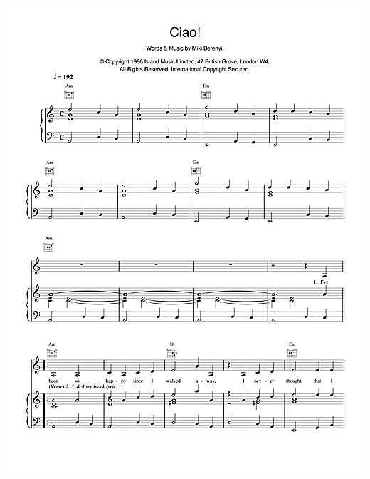 Preview Lush Ciao! Pop sheet music, notes and chords for Piano, Vocal & Guitar (Right-Hand Melody), SKU: 14941 sheet music, piano notes, chords, guitar tabs, score, transpose, transcribe, how to play, guide, download, learn, tutorial, progression, song, artist, awards, billboard, mtv, vh1, tour, single, album, release