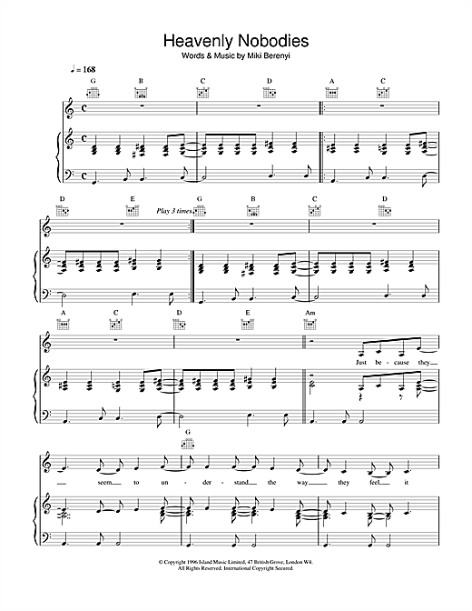 Preview Lush Heavenly Nobodies Pop sheet music, notes and chords for Piano, Vocal & Guitar (Right-Hand Melody), SKU: 14942 sheet music, piano notes, chords, guitar tabs, score, transpose, transcribe, how to play, guide, download, learn, tutorial, progression, song, artist, awards, billboard, mtv, vh1, tour, single, album, release