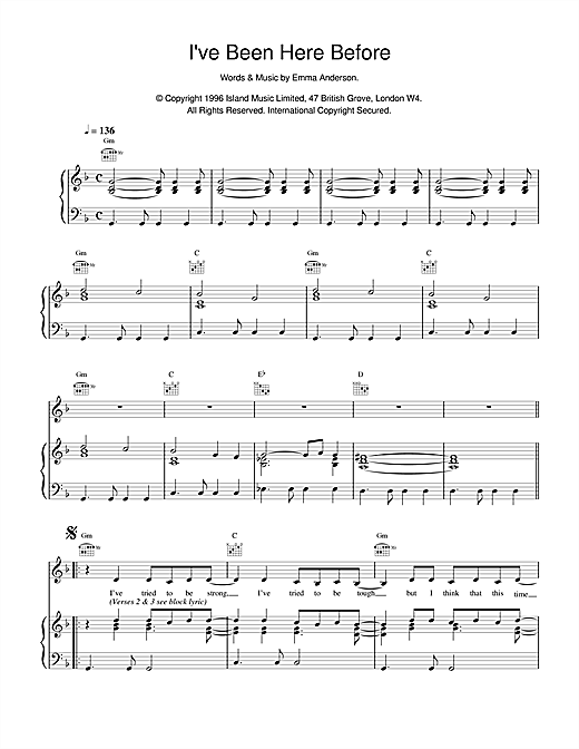 Preview Lush I've Been Here Before Pop sheet music, notes and chords for Piano, Vocal & Guitar (Right-Hand Melody), SKU: 14943 sheet music, piano notes, chords, guitar tabs, score, transpose, transcribe, how to play, guide, download, learn, tutorial, progression, song, artist, awards, billboard, mtv, vh1, tour, single, album, release