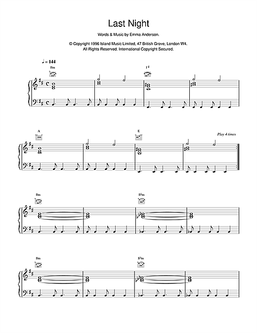 Preview Lush Last Night Pop sheet music, notes and chords for Piano, Vocal & Guitar (Right-Hand Melody), SKU: 14945 sheet music, piano notes, chords, guitar tabs, score, transpose, transcribe, how to play, guide, download, learn, tutorial, progression, song, artist, awards, billboard, mtv, vh1, tour, single, album, release
