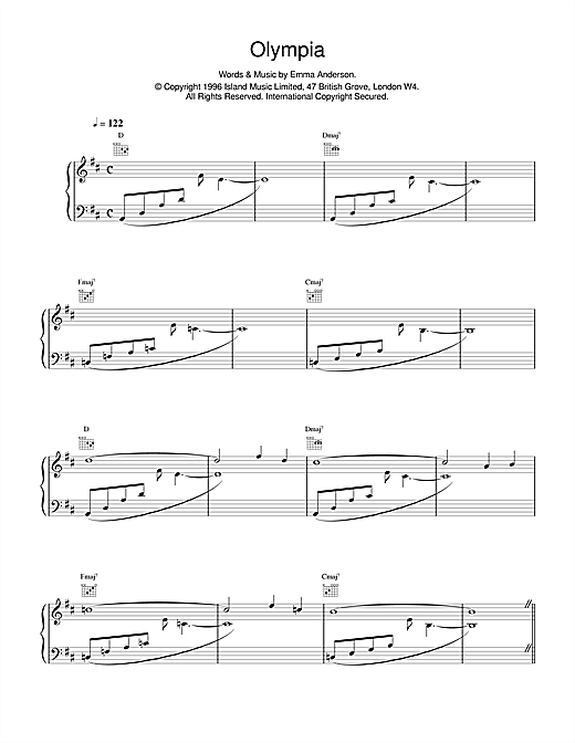 Preview Lush Olympia Pop sheet music, notes and chords for Piano, Vocal & Guitar (Right-Hand Melody), SKU: 14946 sheet music, piano notes, chords, guitar tabs, score, transpose, transcribe, how to play, guide, download, learn, tutorial, progression, song, artist, awards, billboard, mtv, vh1, tour, single, album, release