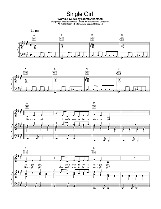 Preview Lush Single Girl Pop sheet music, notes and chords for Piano, Vocal & Guitar (Right-Hand Melody), SKU: 14949 sheet music, piano notes, chords, guitar tabs, score, transpose, transcribe, how to play, guide, download, learn, tutorial, progression, song, artist, awards, billboard, mtv, vh1, tour, single, album, release
