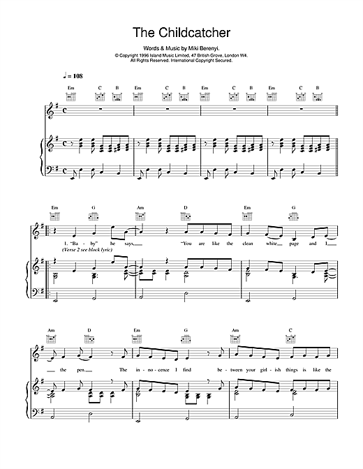 Preview Lush The Childcatcher Pop sheet music, notes and chords for Piano, Vocal & Guitar (Right-Hand Melody), SKU: 14950 sheet music, piano notes, chords, guitar tabs, score, transpose, transcribe, how to play, guide, download, learn, tutorial, progression, song, artist, awards, billboard, mtv, vh1, tour, single, album, release