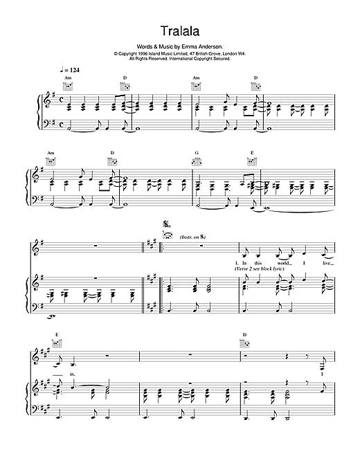 Preview Lush Tralala Pop sheet music, notes and chords for Piano, Vocal & Guitar (Right-Hand Melody), SKU: 14951 sheet music, piano notes, chords, guitar tabs, score, transpose, transcribe, how to play, guide, download, learn, tutorial, progression, song, artist, awards, billboard, mtv, vh1, tour, single, album, release