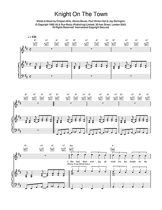 Preview Kula Shaker Knight On The Town Rock sheet music, notes and chords for Piano, Vocal & Guitar (Right-Hand Melody), SKU: 14957 sheet music, piano notes, chords, guitar tabs, score, transpose, transcribe, how to play, guide, download, learn, tutorial, progression, song, artist, awards, billboard, mtv, vh1, tour, single, album, release