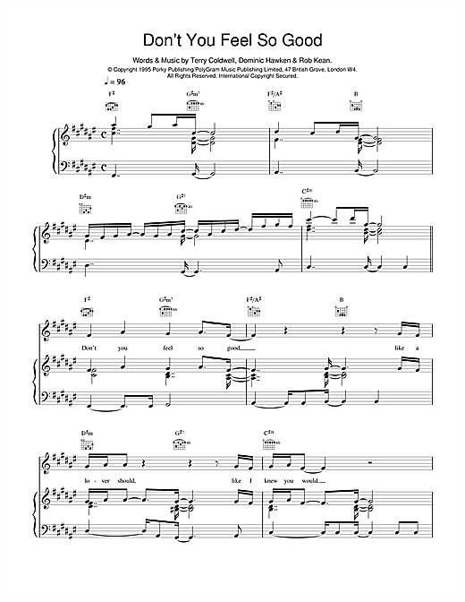 Preview East 17 Don't You Feel So Good Pop sheet music, notes and chords for Piano, Vocal & Guitar (Right-Hand Melody), SKU: 14965 sheet music, piano notes, chords, guitar tabs, score, transpose, transcribe, how to play, guide, download, learn, tutorial, progression, song, artist, awards, billboard, mtv, vh1, tour, single, album, release