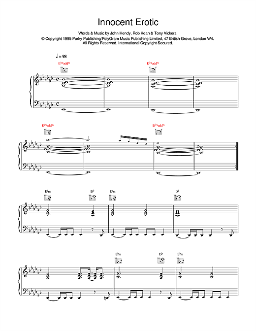 Preview East 17 Innocent Erotic Pop sheet music, notes and chords for Piano, Vocal & Guitar (Right-Hand Melody), SKU: 14970 sheet music, piano notes, chords, guitar tabs, score, transpose, transcribe, how to play, guide, download, learn, tutorial, progression, song, artist, awards, billboard, mtv, vh1, tour, single, album, release