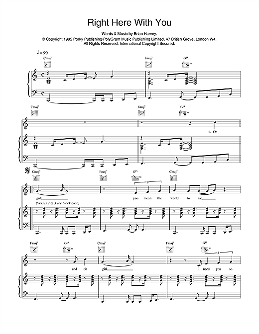 Preview East 17 Right Here With You Pop sheet music, notes and chords for Piano, Vocal & Guitar (Right-Hand Melody), SKU: 14973 sheet music, piano notes, chords, guitar tabs, score, transpose, transcribe, how to play, guide, download, learn, tutorial, progression, song, artist, awards, billboard, mtv, vh1, tour, single, album, release