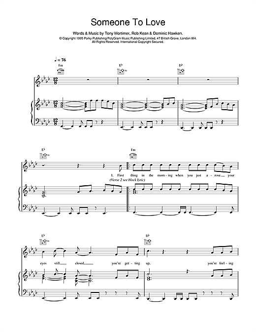 Preview East 17 Somebody To Love Pop sheet music, notes and chords for Piano, Vocal & Guitar (Right-Hand Melody), SKU: 14974 sheet music, piano notes, chords, guitar tabs, score, transpose, transcribe, how to play, guide, download, learn, tutorial, progression, song, artist, awards, billboard, mtv, vh1, tour, single, album, release