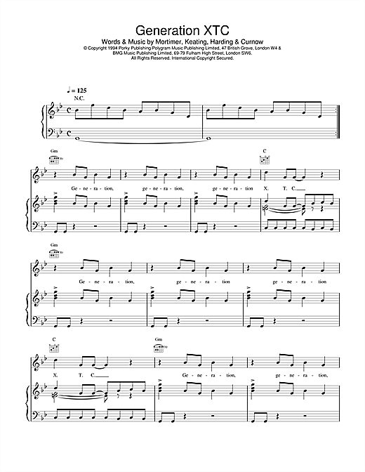 Preview East 17 Generation XTC Pop sheet music, notes and chords for Piano, Vocal & Guitar (Right-Hand Melody), SKU: 14977 sheet music, piano notes, chords, guitar tabs, score, transpose, transcribe, how to play, guide, download, learn, tutorial, progression, song, artist, awards, billboard, mtv, vh1, tour, single, album, release
