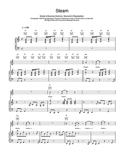 Preview East 17 Steam Pop sheet music, notes and chords for Piano, Vocal & Guitar, SKU: 14984 sheet music, piano notes, chords, guitar tabs, score, transpose, transcribe, how to play, guide, download, learn, tutorial, progression, song, artist, awards, billboard, mtv, vh1, tour, single, album, release