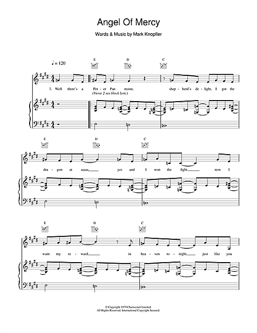 Preview Dire Straits Angel Of Mercy Rock sheet music, notes and chords for Piano, Vocal & Guitar, SKU: 14985 sheet music, piano notes, chords, guitar tabs, score, transpose, transcribe, how to play, guide, download, learn, tutorial, progression, song, artist, awards, billboard, mtv, vh1, tour, single, album, release