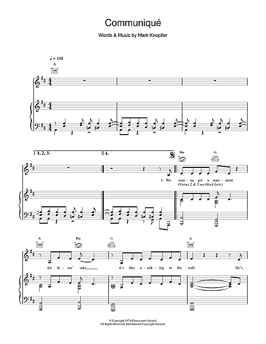 Preview Dire Straits Communique Rock sheet music, notes and chords for Piano, Vocal & Guitar (Right-Hand Melody), SKU: 14986 sheet music, piano notes, chords, guitar tabs, score, transpose, transcribe, how to play, guide, download, learn, tutorial, progression, song, artist, awards, billboard, mtv, vh1, tour, single, album, release