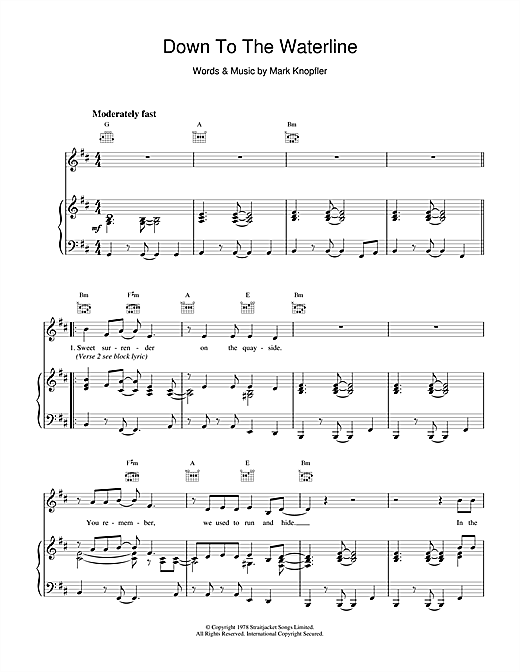 Preview Dire Straits Down To The Waterline Rock sheet music, notes and chords for Piano, Vocal & Guitar (Right-Hand Melody), SKU: 14987 sheet music, piano notes, chords, guitar tabs, score, transpose, transcribe, how to play, guide, download, learn, tutorial, progression, song, artist, awards, billboard, mtv, vh1, tour, single, album, release