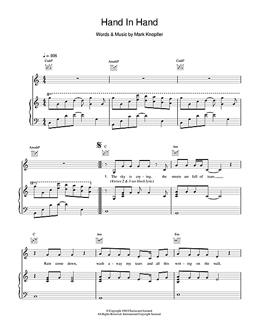 Preview Dire Straits Hand In Hand Rock sheet music, notes and chords for Piano, Vocal & Guitar (Right-Hand Melody), SKU: 14989 sheet music, piano notes, chords, guitar tabs, score, transpose, transcribe, how to play, guide, download, learn, tutorial, progression, song, artist, awards, billboard, mtv, vh1, tour, single, album, release
