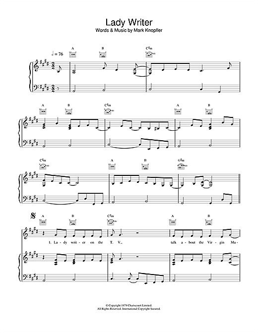 Preview Dire Straits Lady Writer Rock sheet music, notes and chords for Piano, Vocal & Guitar (Right-Hand Melody), SKU: 14991 sheet music, piano notes, chords, guitar tabs, score, transpose, transcribe, how to play, guide, download, learn, tutorial, progression, song, artist, awards, billboard, mtv, vh1, tour, single, album, release