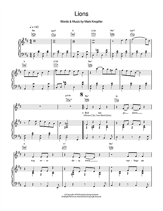 Preview Dire Straits Lions Rock sheet music, notes and chords for Piano, Vocal & Guitar (Right-Hand Melody), SKU: 14993 sheet music, piano notes, chords, guitar tabs, score, transpose, transcribe, how to play, guide, download, learn, tutorial, progression, song, artist, awards, billboard, mtv, vh1, tour, single, album, release