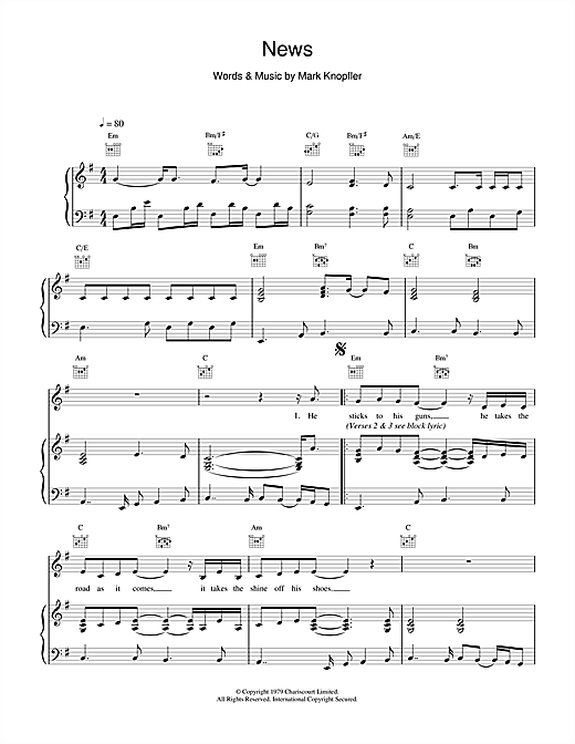 Preview Dire Straits News Rock sheet music, notes and chords for Piano, Vocal & Guitar (Right-Hand Melody), SKU: 14994 sheet music, piano notes, chords, guitar tabs, score, transpose, transcribe, how to play, guide, download, learn, tutorial, progression, song, artist, awards, billboard, mtv, vh1, tour, single, album, release