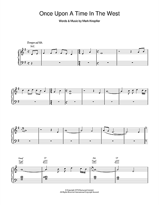 Preview Dire Straits Once Upon A Time In The West Rock sheet music, notes and chords for Piano, Vocal & Guitar (Right-Hand Melody), SKU: 14995 sheet music, piano notes, chords, guitar tabs, score, transpose, transcribe, how to play, guide, download, learn, tutorial, progression, song, artist, awards, billboard, mtv, vh1, tour, single, album, release