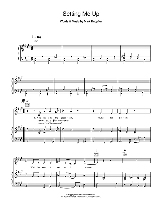 Preview Dire Straits Setting Me Up Rock sheet music, notes and chords for Piano, Vocal & Guitar (Right-Hand Melody), SKU: 14996 sheet music, piano notes, chords, guitar tabs, score, transpose, transcribe, how to play, guide, download, learn, tutorial, progression, song, artist, awards, billboard, mtv, vh1, tour, single, album, release