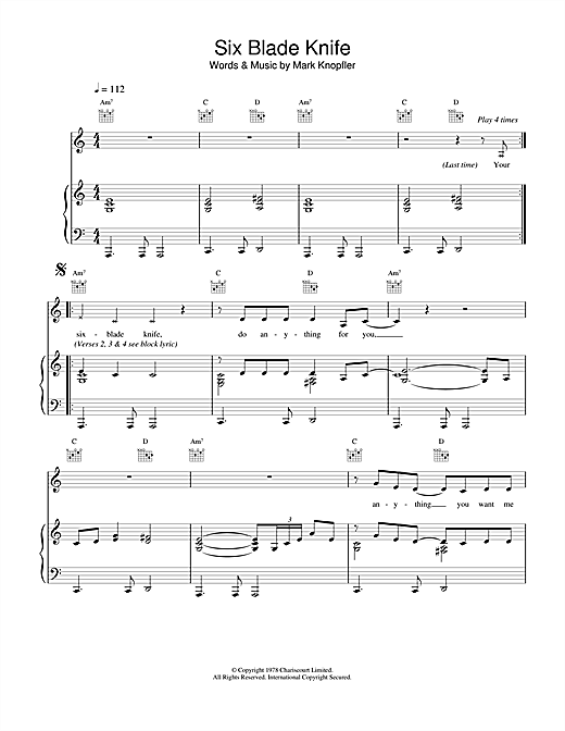 Preview Dire Straits Six Blade Knife Rock sheet music, notes and chords for Piano, Vocal & Guitar (Right-Hand Melody), SKU: 14998 sheet music, piano notes, chords, guitar tabs, score, transpose, transcribe, how to play, guide, download, learn, tutorial, progression, song, artist, awards, billboard, mtv, vh1, tour, single, album, release