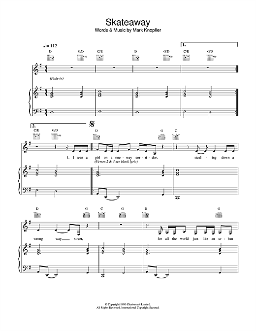 Preview Dire Straits Skateaway Rock sheet music, notes and chords for Piano, Vocal & Guitar (Right-Hand Melody), SKU: 14999 sheet music, piano notes, chords, guitar tabs, score, transpose, transcribe, how to play, guide, download, learn, tutorial, progression, song, artist, awards, billboard, mtv, vh1, tour, single, album, release