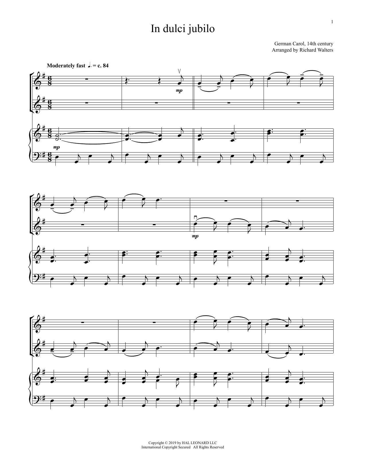 14th Century German Melody In Dulci Jubilo (for Violin Duet and Piano) sheet music notes and chords. Download Printable PDF.