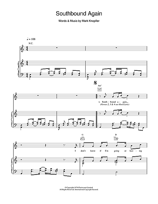 Preview Dire Straits Southbound Again Rock sheet music, notes and chords for Piano, Vocal & Guitar (Right-Hand Melody), SKU: 15000 sheet music, piano notes, chords, guitar tabs, score, transpose, transcribe, how to play, guide, download, learn, tutorial, progression, song, artist, awards, billboard, mtv, vh1, tour, single, album, release