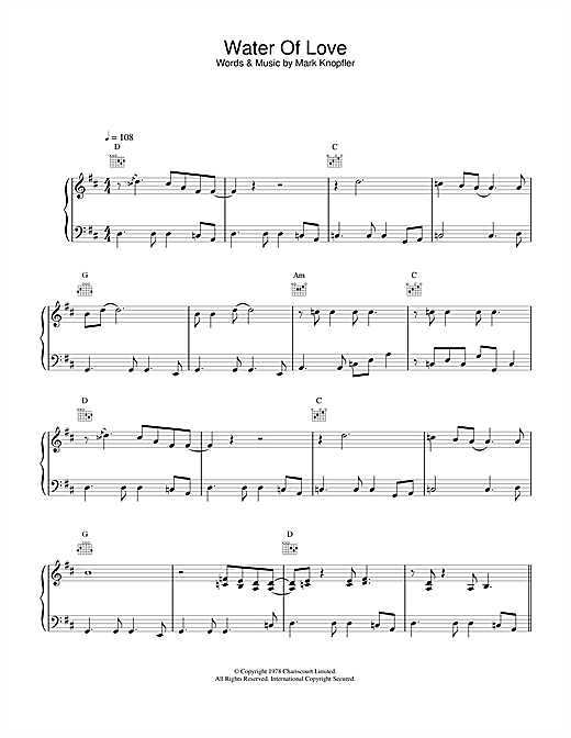 Preview Dire Straits Water of Love Rock sheet music, notes and chords for Piano, Vocal & Guitar (Right-Hand Melody), SKU: 15001 sheet music, piano notes, chords, guitar tabs, score, transpose, transcribe, how to play, guide, download, learn, tutorial, progression, song, artist, awards, billboard, mtv, vh1, tour, single, album, release