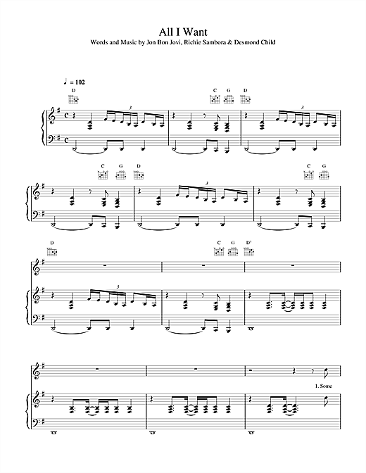 Preview Bon Jovi All I Want Is Everything Rock sheet music, notes and chords for Piano, Vocal & Guitar (Right-Hand Melody), SKU: 15003 sheet music, piano notes, chords, guitar tabs, score, transpose, transcribe, how to play, guide, download, learn, tutorial, progression, song, artist, awards, billboard, mtv, vh1, tour, single, album, release