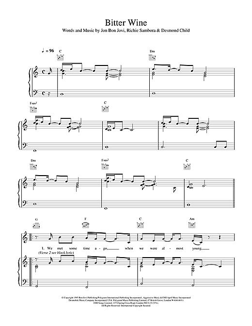 Preview Bon Jovi Bitter Wine Rock sheet music, notes and chords for Piano, Vocal & Guitar (Right-Hand Melody), SKU: 15004 sheet music, piano notes, chords, guitar tabs, score, transpose, transcribe, how to play, guide, download, learn, tutorial, progression, song, artist, awards, billboard, mtv, vh1, tour, single, album, release