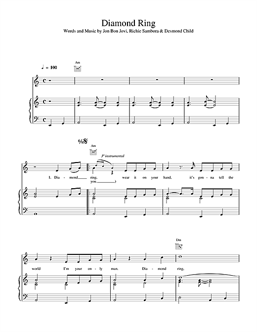 Preview Bon Jovi Diamond Ring Rock sheet music, notes and chords for Piano, Vocal & Guitar (Right-Hand Melody), SKU: 15006 sheet music, piano notes, chords, guitar tabs, score, transpose, transcribe, how to play, guide, download, learn, tutorial, progression, song, artist, awards, billboard, mtv, vh1, tour, single, album, release