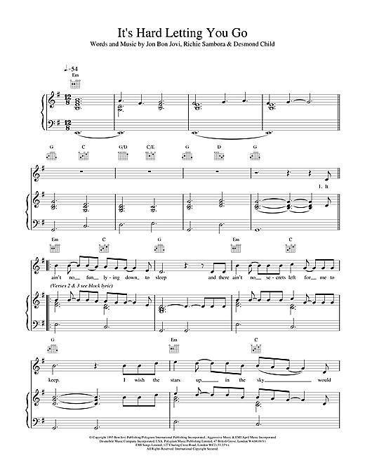 Preview Bon Jovi It's Hard Letting You Go Rock sheet music, notes and chords for Piano, Vocal & Guitar (Right-Hand Melody), SKU: 15010 sheet music, piano notes, chords, guitar tabs, score, transpose, transcribe, how to play, guide, download, learn, tutorial, progression, song, artist, awards, billboard, mtv, vh1, tour, single, album, release
