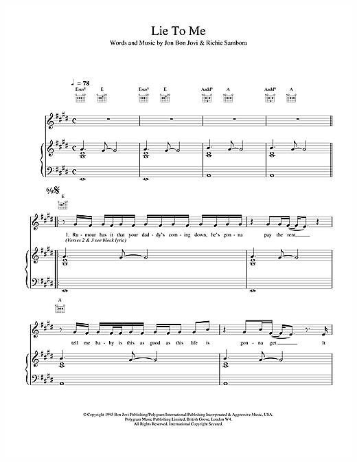 Preview Bon Jovi Lie To Me Rock sheet music, notes and chords for Piano, Vocal & Guitar (Right-Hand Melody), SKU: 15011 sheet music, piano notes, chords, guitar tabs, score, transpose, transcribe, how to play, guide, download, learn, tutorial, progression, song, artist, awards, billboard, mtv, vh1, tour, single, album, release