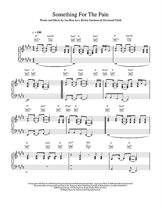 Preview Bon Jovi Something For The Pain Rock sheet music, notes and chords for Piano, Vocal & Guitar (Right-Hand Melody), SKU: 15013 sheet music, piano notes, chords, guitar tabs, score, transpose, transcribe, how to play, guide, download, learn, tutorial, progression, song, artist, awards, billboard, mtv, vh1, tour, single, album, release