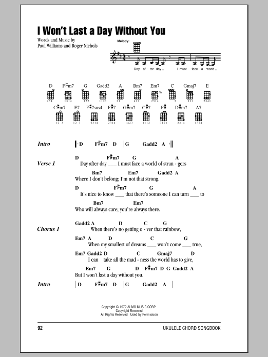 Preview Carpenters I Won't Last A Day Without You Pop sheet music, notes and chords for Ukulele with strumming patterns, SKU: 150156 sheet music, piano notes, chords, guitar tabs, score, transpose, transcribe, how to play, guide, download, learn, tutorial, progression, song, artist, awards, billboard, mtv, vh1, tour, single, album, release