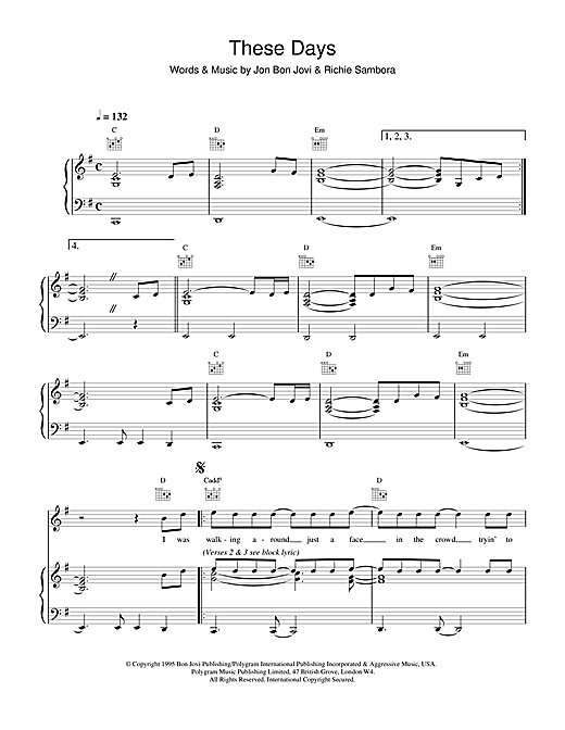 Preview Bon Jovi These Days Rock sheet music, notes and chords for Piano, Vocal & Guitar (Right-Hand Melody), SKU: 15015 sheet music, piano notes, chords, guitar tabs, score, transpose, transcribe, how to play, guide, download, learn, tutorial, progression, song, artist, awards, billboard, mtv, vh1, tour, single, album, release