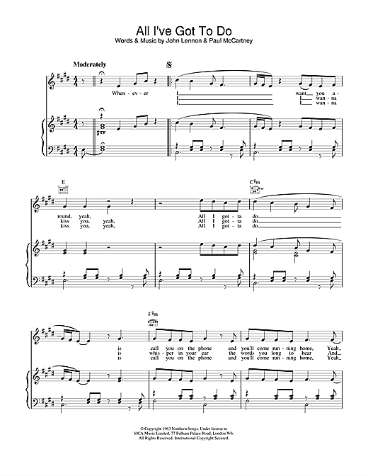 Preview The Beatles All I've Got To Do Rock sheet music, notes and chords for Piano, Vocal & Guitar (Right-Hand Melody), SKU: 15017 sheet music, piano notes, chords, guitar tabs, score, transpose, transcribe, how to play, guide, download, learn, tutorial, progression, song, artist, awards, billboard, mtv, vh1, tour, single, album, release