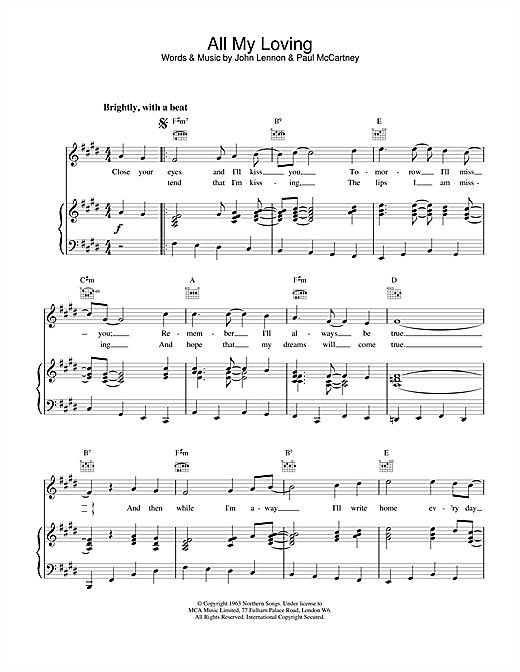 Preview The Beatles All My Loving Rock sheet music, notes and chords for Piano, Vocal & Guitar (Right-Hand Melody), SKU: 15018 sheet music, piano notes, chords, guitar tabs, score, transpose, transcribe, how to play, guide, download, learn, tutorial, progression, song, artist, awards, billboard, mtv, vh1, tour, single, album, release